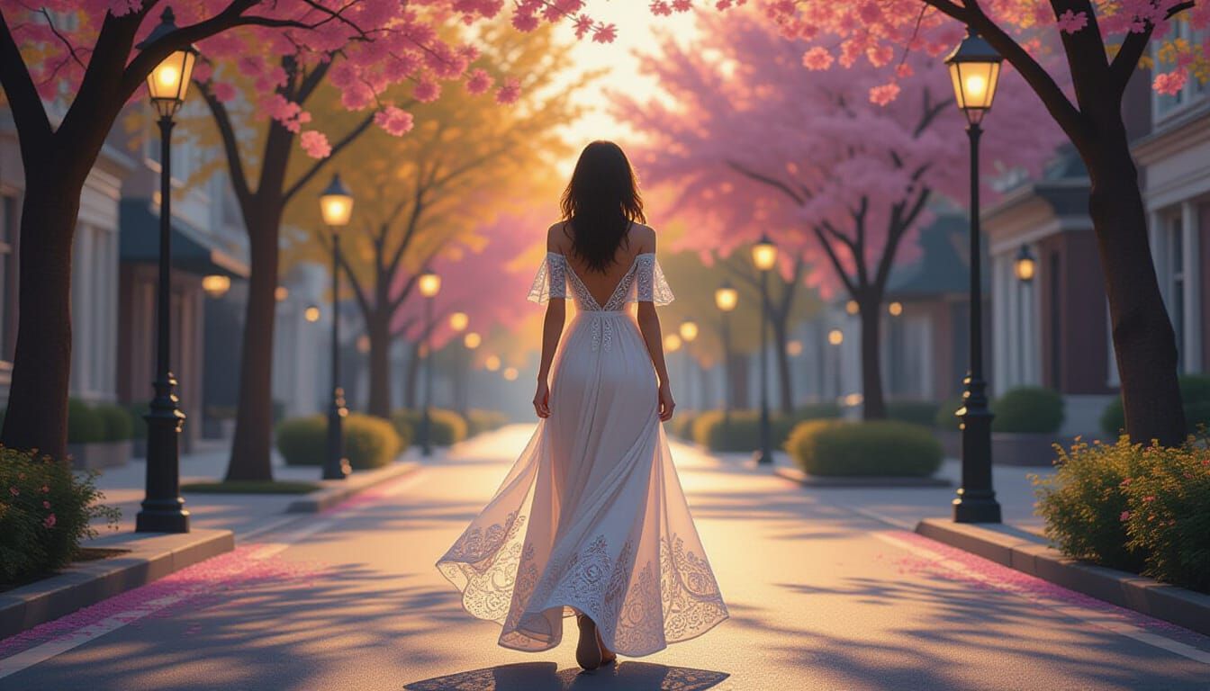 Elegant Woman in Spring City at Dusk Oil Painting