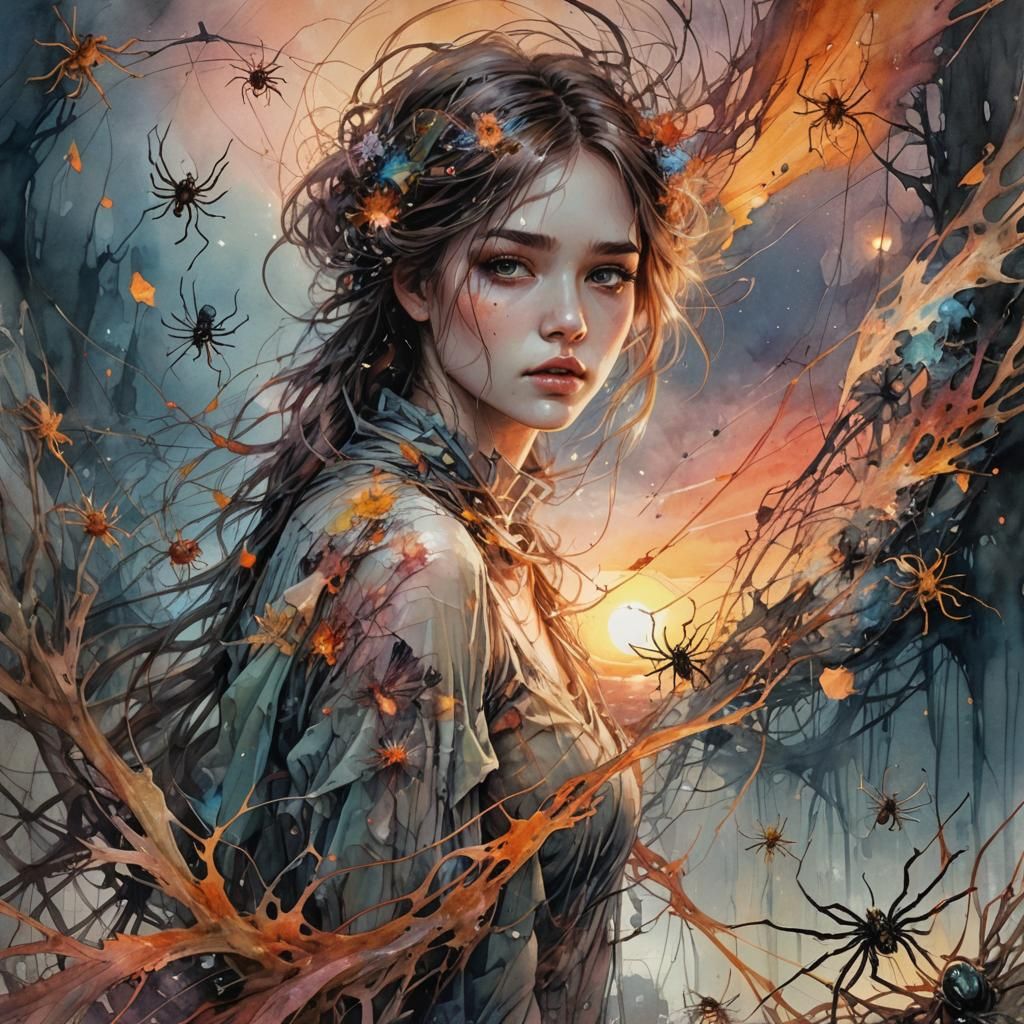 Watercolor Vortex of Spiders at Sunset