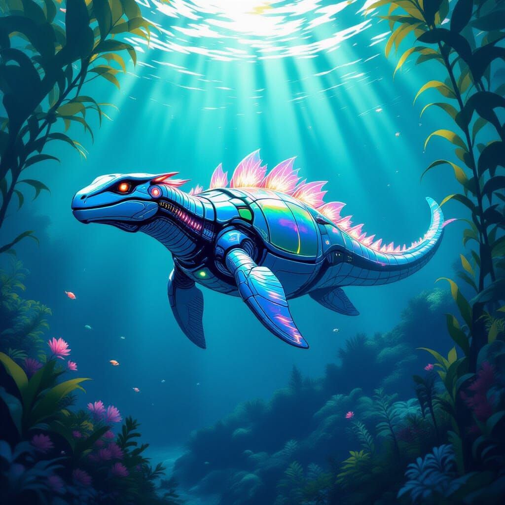 Robot Plesiosaur in Kelp Forest, Sci-Fi Style