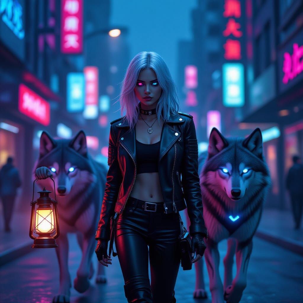 Cyberpunk Girl and Robotic Wolf in Neon City