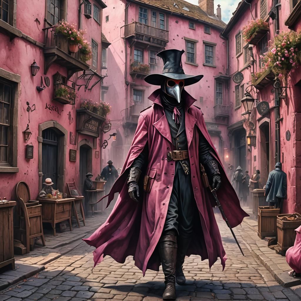 Pink Plague Doctor in a Pink City: Watercolor Art