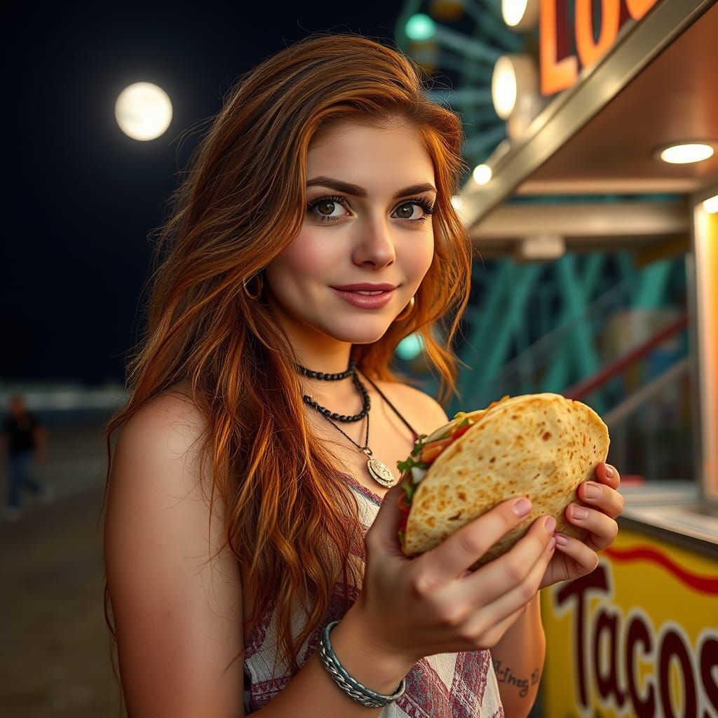 Santa Cruz Woman with Taco Under Starry Sky