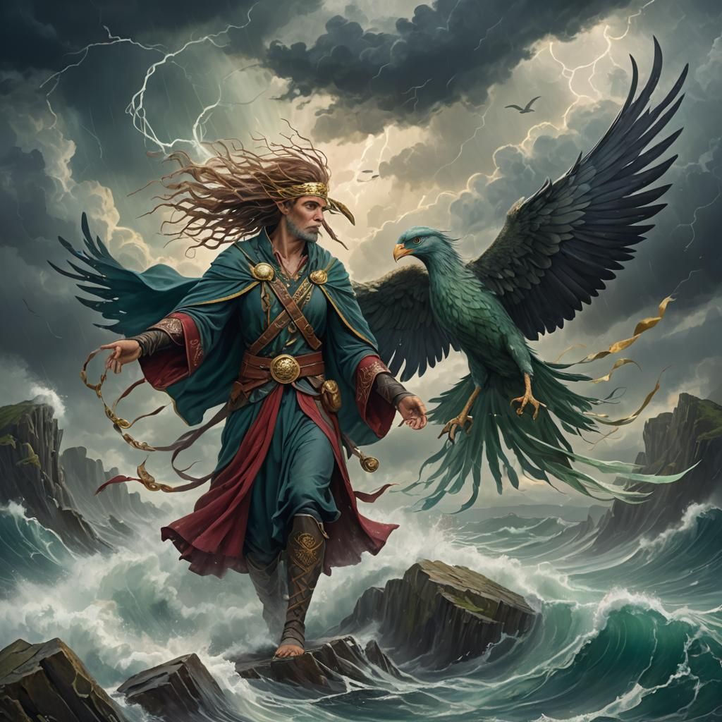 Avian Alien Hero in Celtic Mythology Landscape