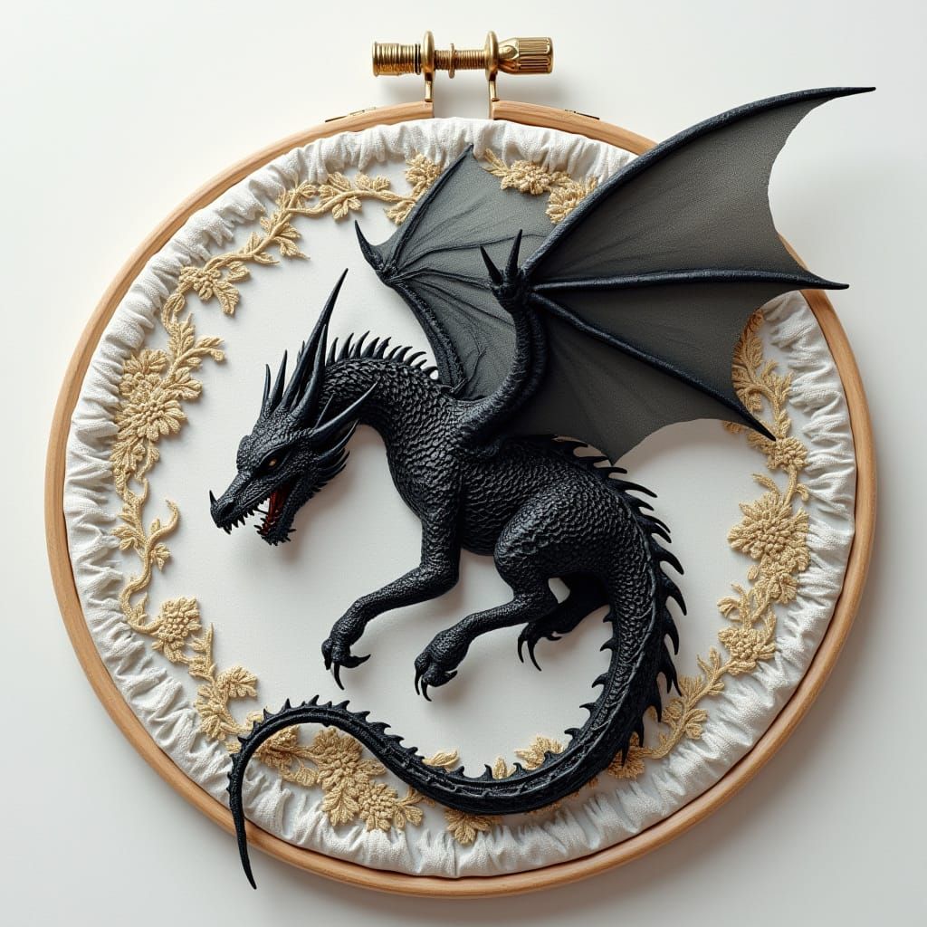 Intricate Ink Dragon Stitched Through Embroidery Hoop