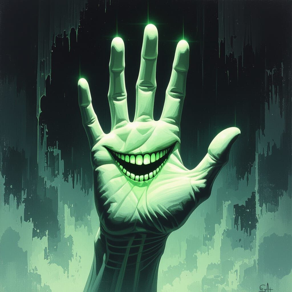 Eerie Hand with Spectral Smile in Surreal Digital Painting