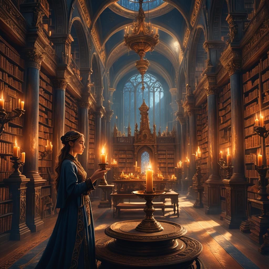 Woman with Candlestick in Mystical Library
