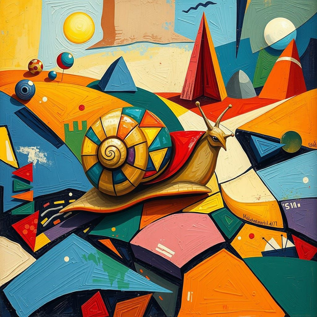 Surreal Cubist Snail Zooms Across Vibrant Geometric Landscap...