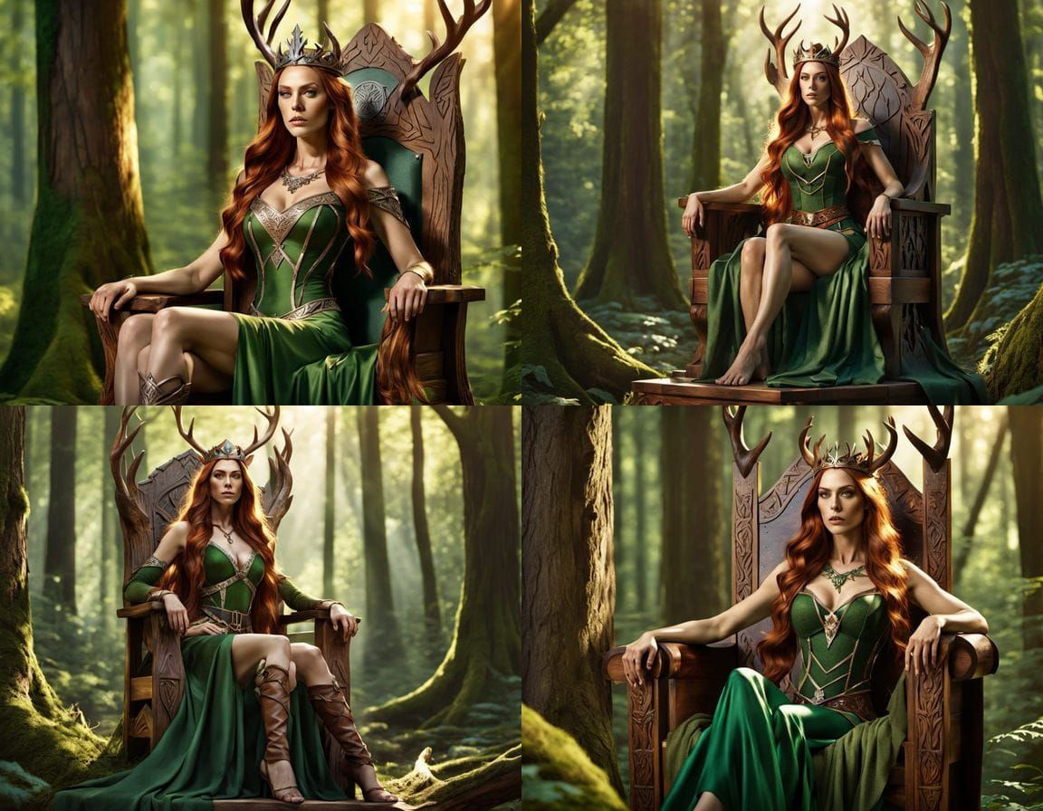 Wood Elf Huntress on Forest Throne, Hyperrealistic Art