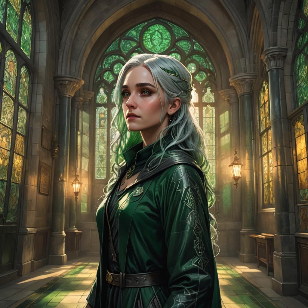 Hogwarts Girl with Green Hair in Fantasy Art