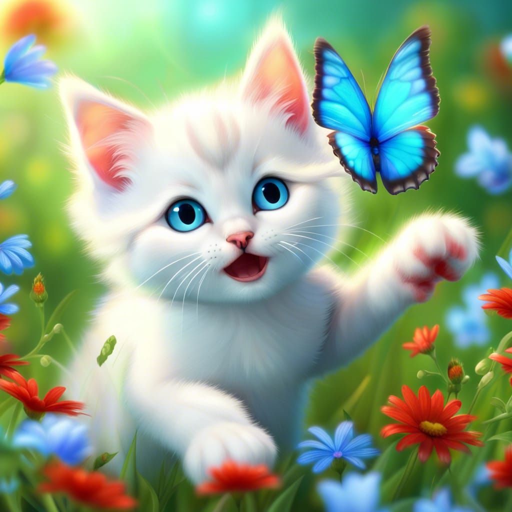 Kitten and Butterfly in Wildflower Meadow, Photorealistic