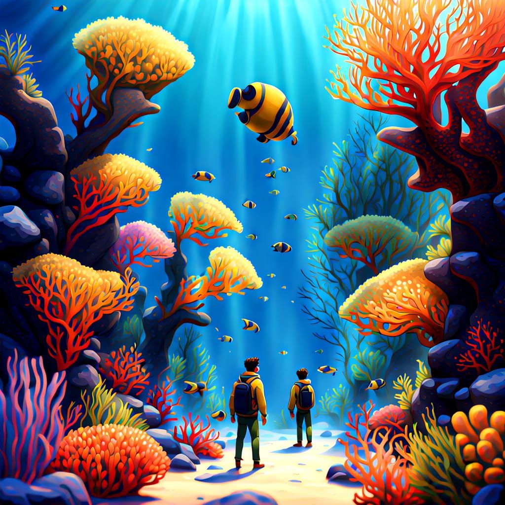 Vibrant Underwater Coral Garden with Miniature People
