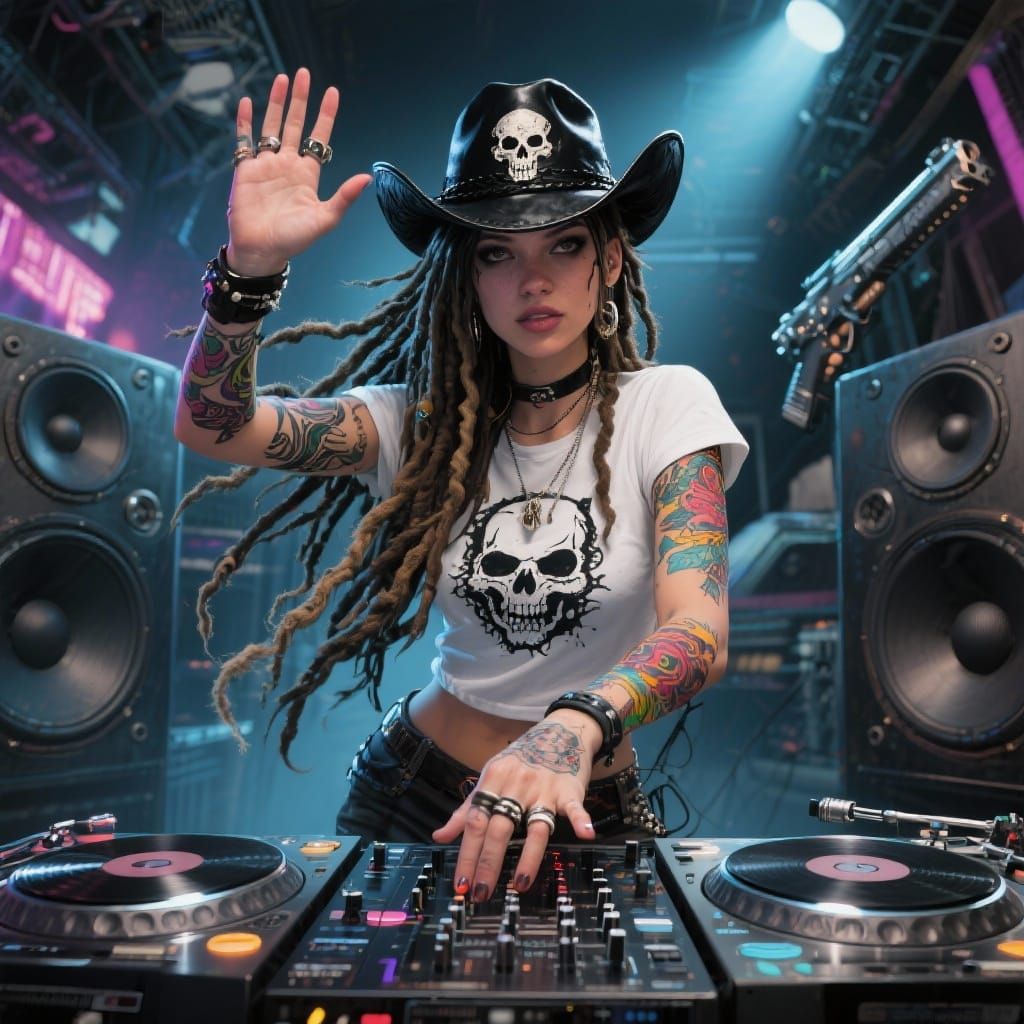 Dynamic DJ Mural with Skull Hat and Tattoos
