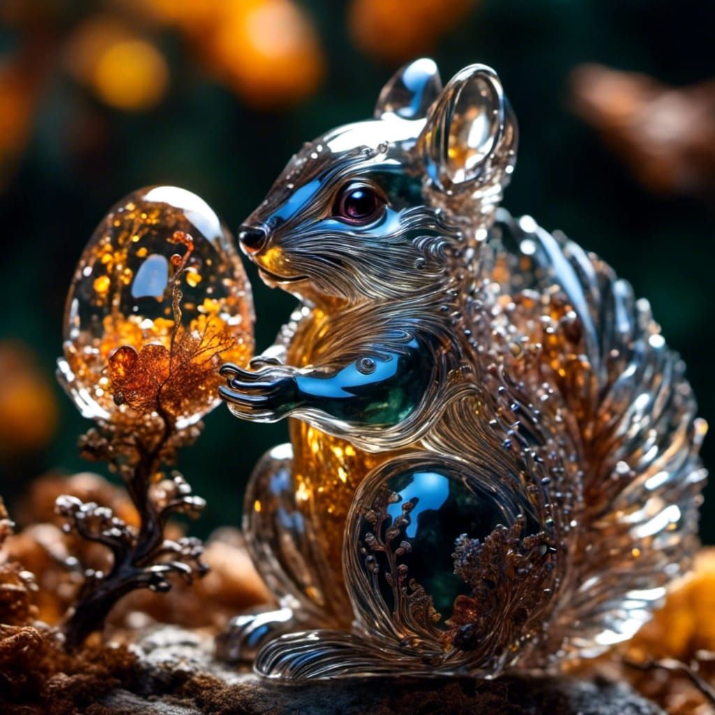 Glass Squirrel Holding a Glowing Acorn in Autumn Forest