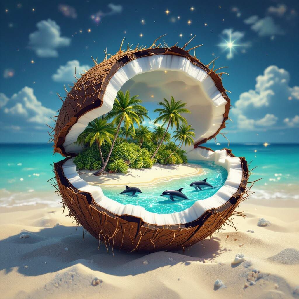 Hidden Tropical Island Revealed Inside Sparkling Coconut