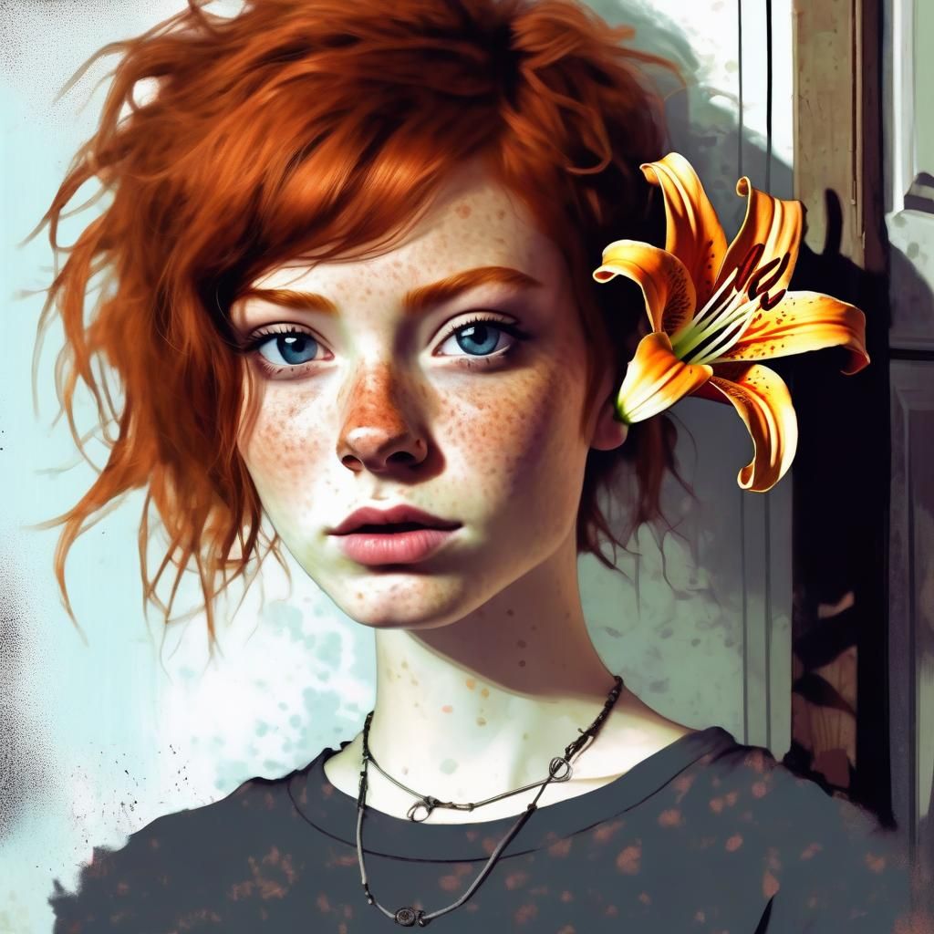 Freckled Redhead with Tiger Lily in Impressionist Style