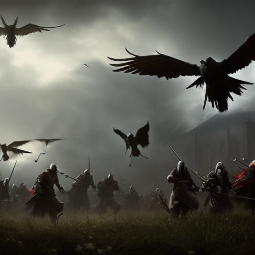 Ravens fly over medieval battle scene