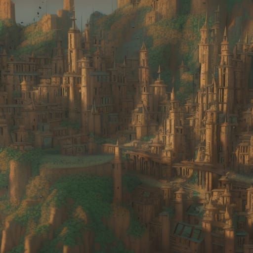 Detailed Medieval Flying City Design in Charcoal