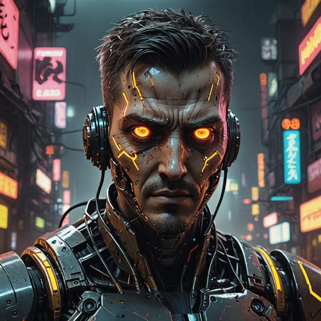Creepy Cyberpunk Robot with Piercing Gaze