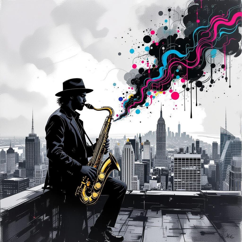 Saxophone Player with Ink Splatter in Mixed-Media Style