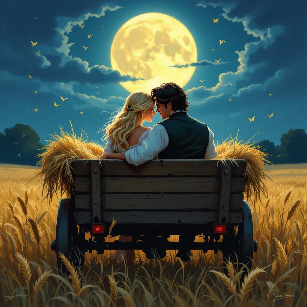 Romantic Hayride Under Harvest Moon: Dark Fantasy Art