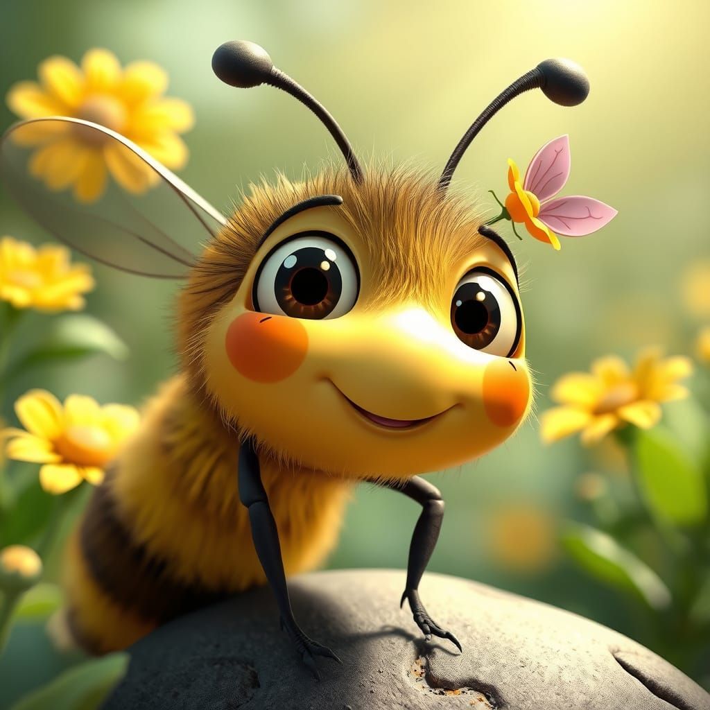 Whimsical 3D Honey Bee in Ethereal Garden
