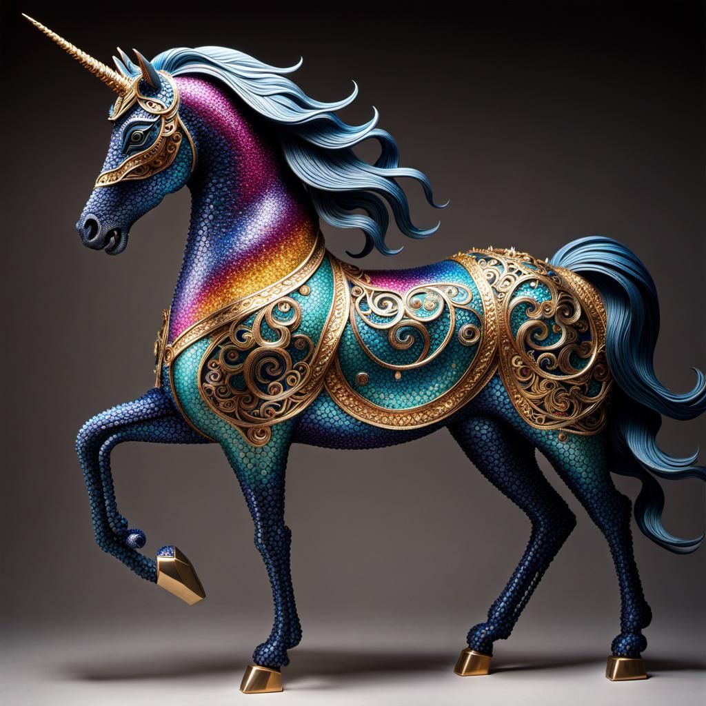 Hyper-Detailed Pointillist Metal Unicorn Sculpture