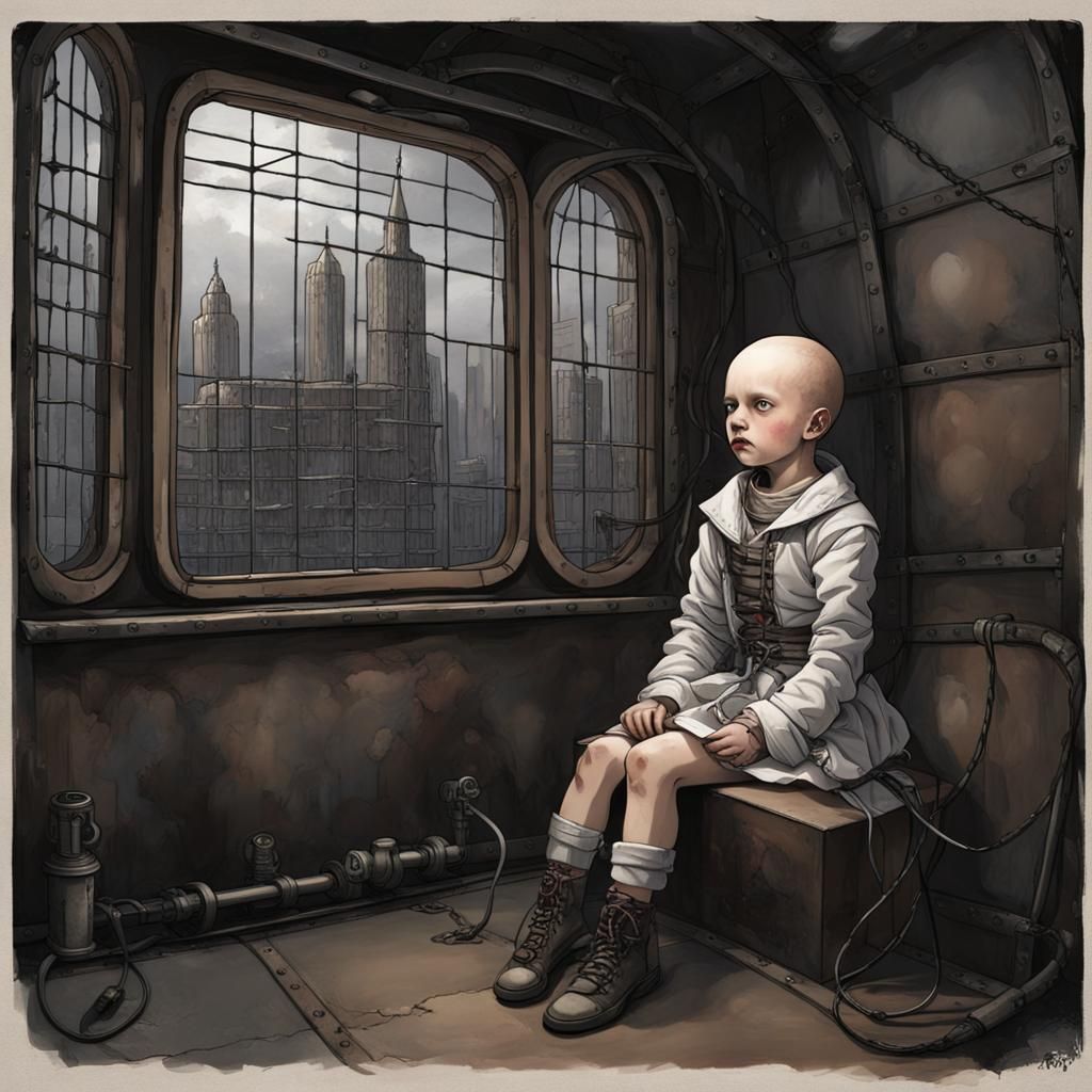 Steampunk Child in Asylum Overlooking Gothic City