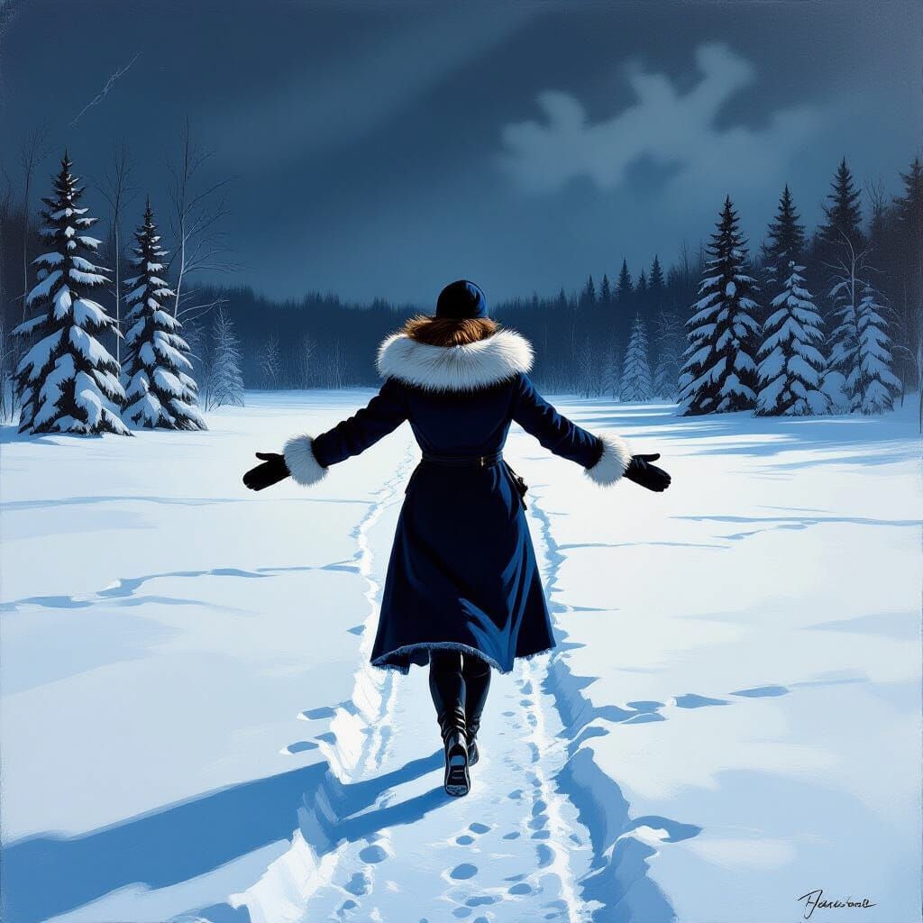 Woman Walks on Ice in Dramatic Baroque Style