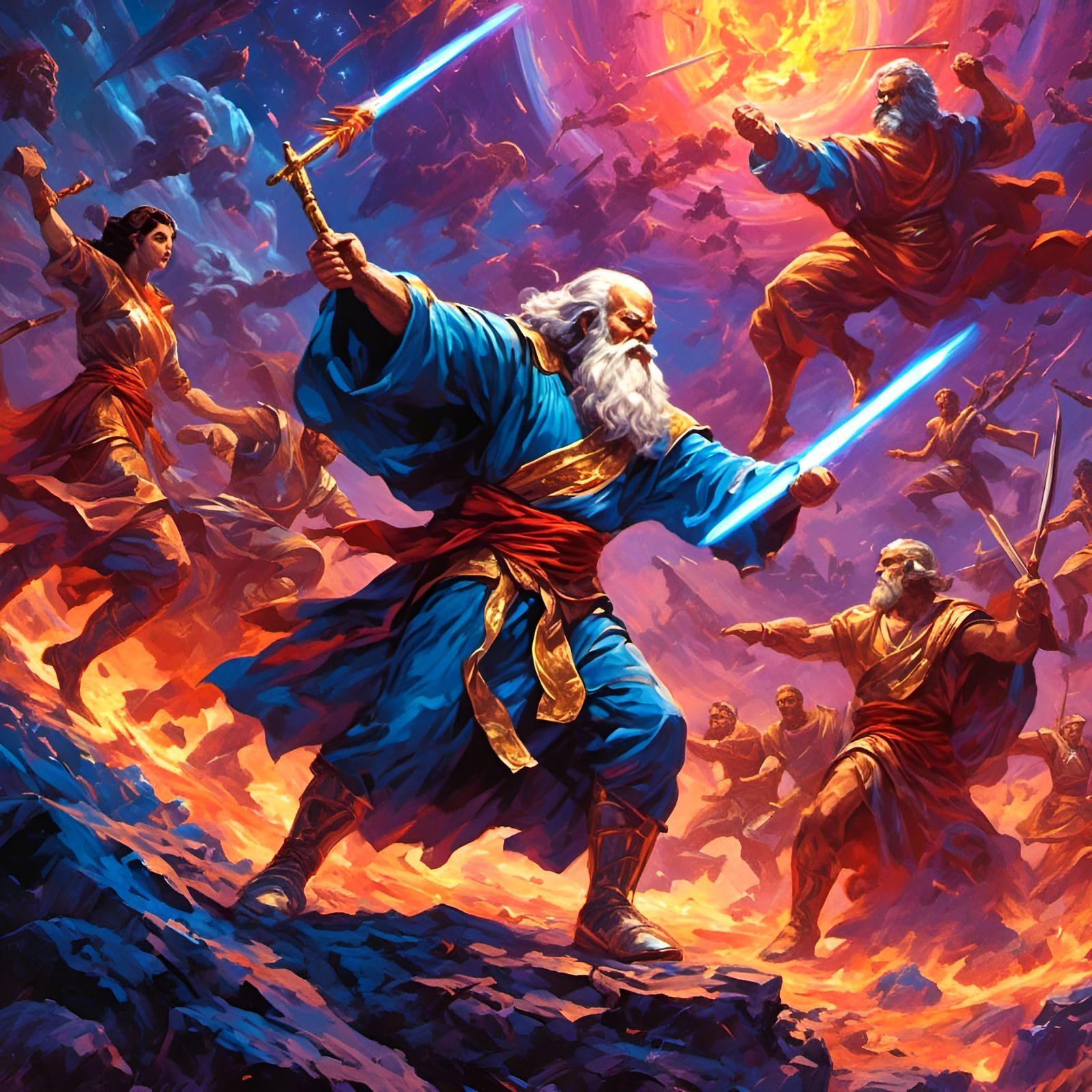 Socrates in Galactic Battle: A Dynamic Neon Dreamscape