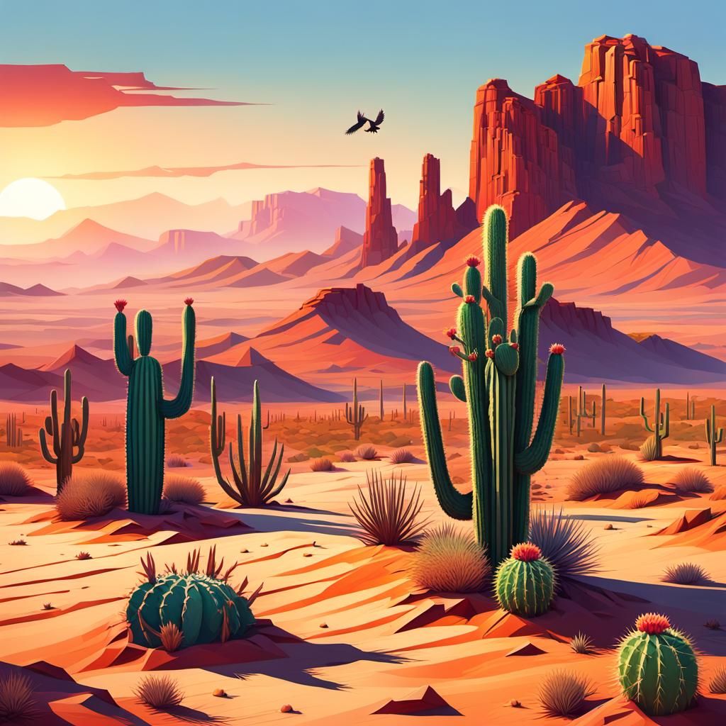 Vibrant Desert Landscape with Cacti in Low-Poly Style