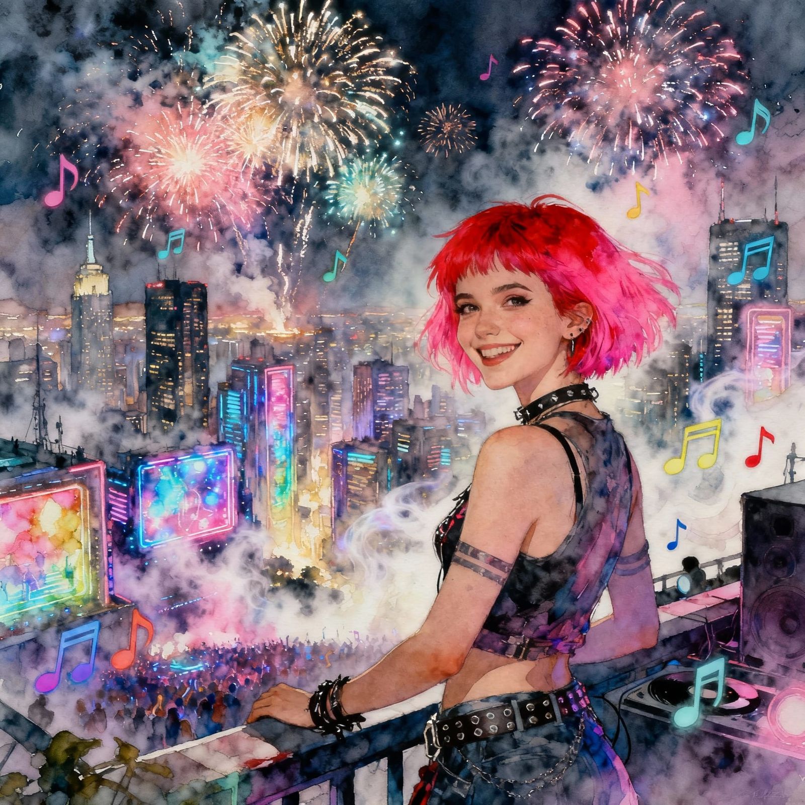 Pastel Punk Goth at Festival with Fireworks