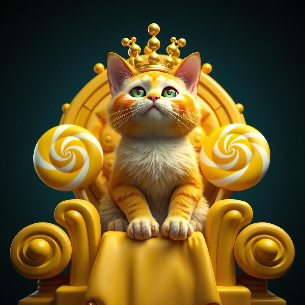 Yellow Cat Queen on Candy Throne