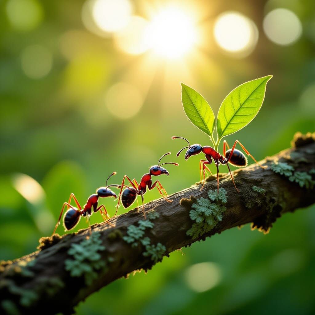 Leaf-Cutter Ants in Sunny Forest, Macro Photography