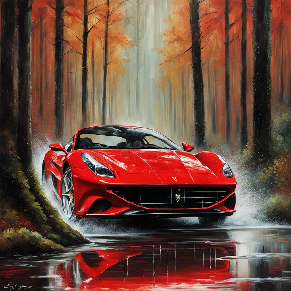 red ferrari in the forest by El Greco, intricate details, ra...