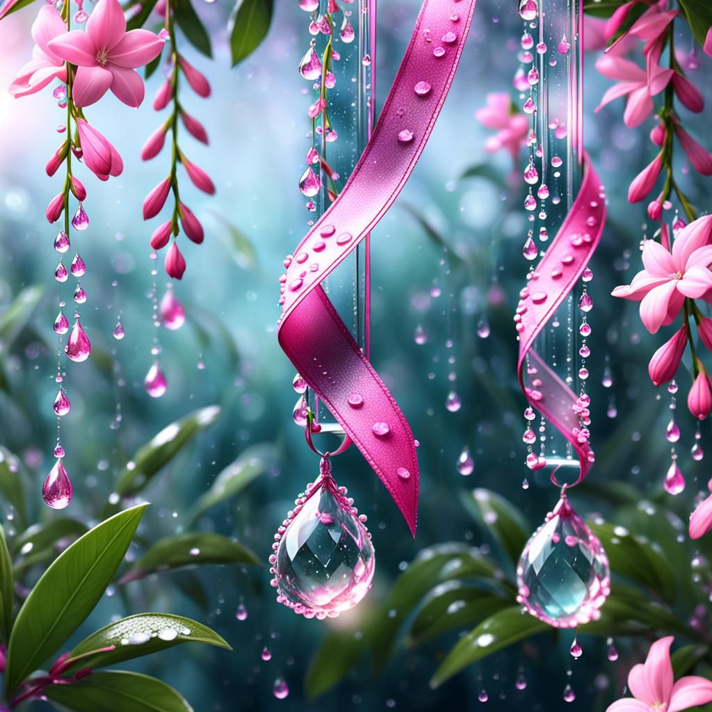 Dew-Kissed Pink Ribbon on Glass Jasmine Flowers