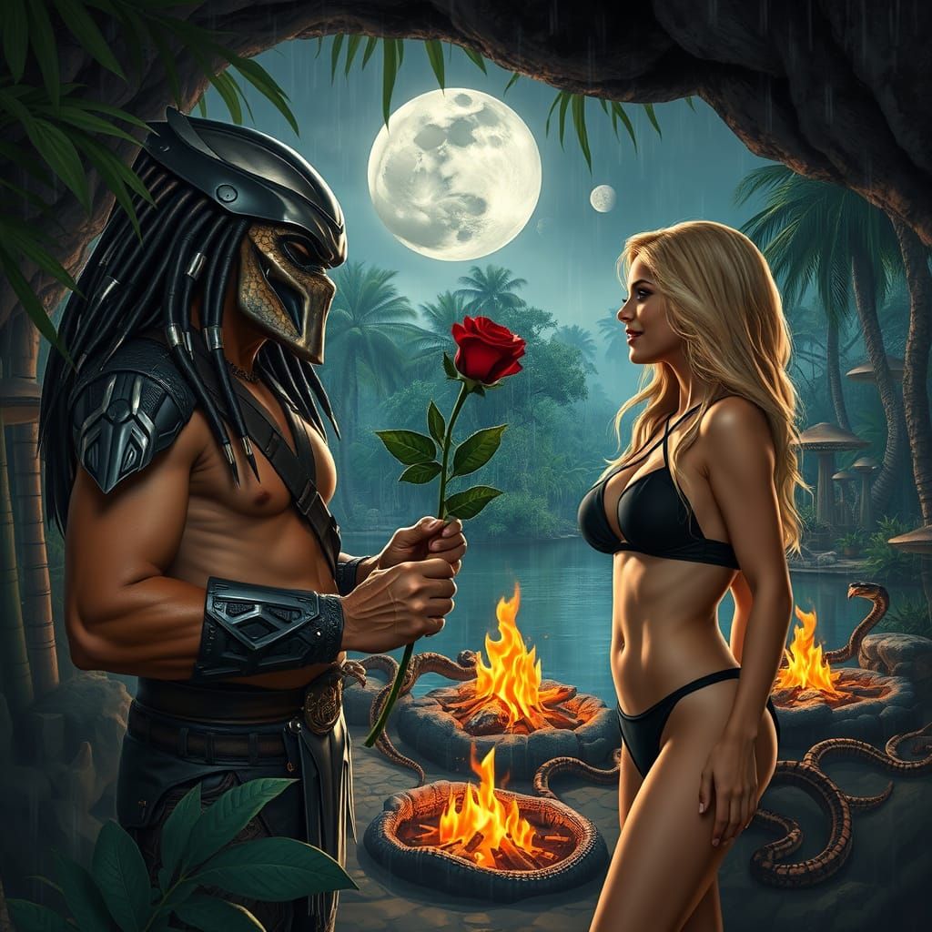 Predator in Rose, Beside a Mysterious Woman in a Bamboo Cave