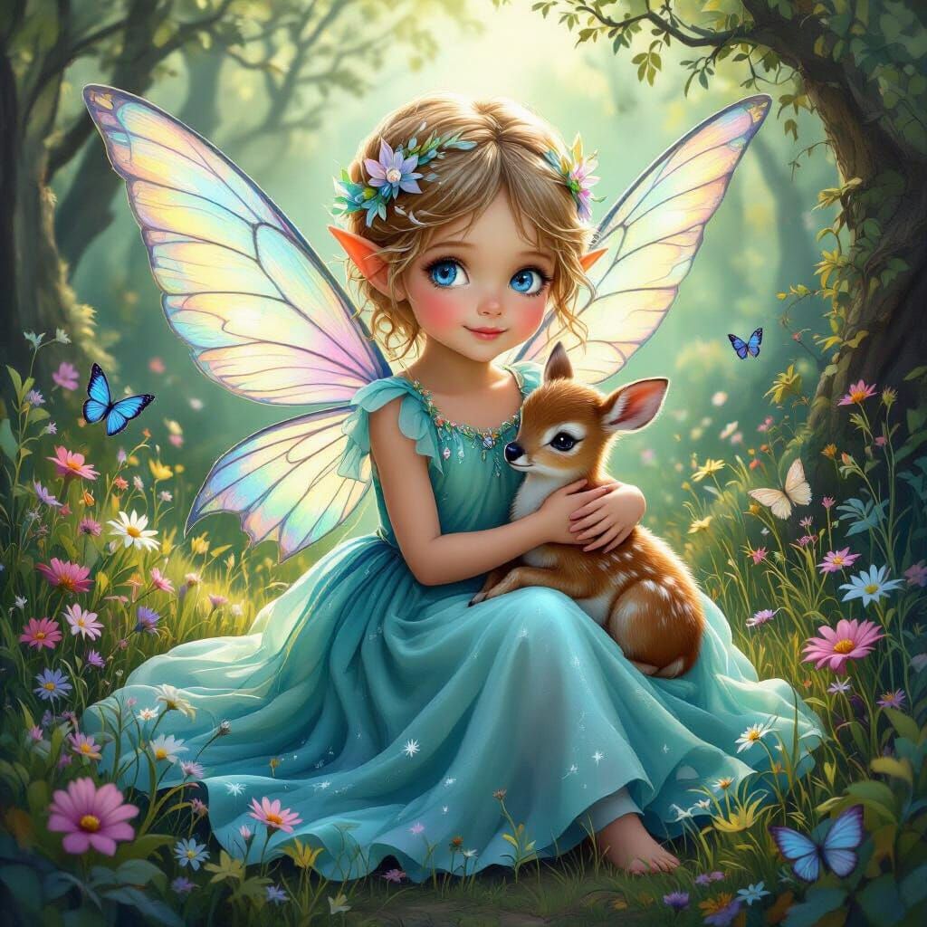 Enchanting Fairy Girl with Fawn in Fantasy Forest