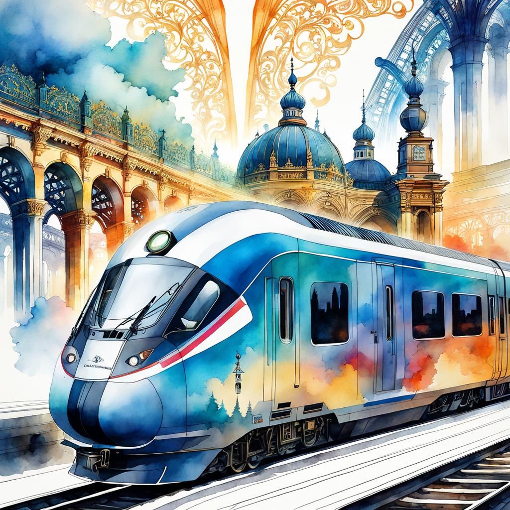 Train Station Double Exposure in Watercolor Ink Art