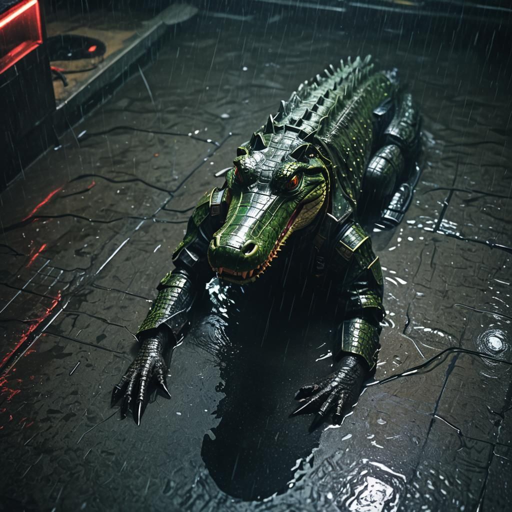 Cyberpunk Alligator Cleans Pool in Neon Rain