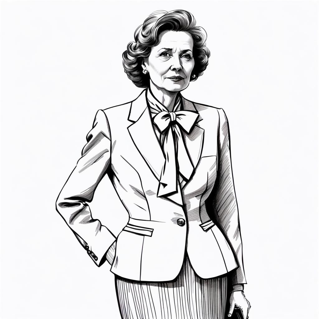 Elegant Woman in Skirt-Suit: Pen and Ink Portrait