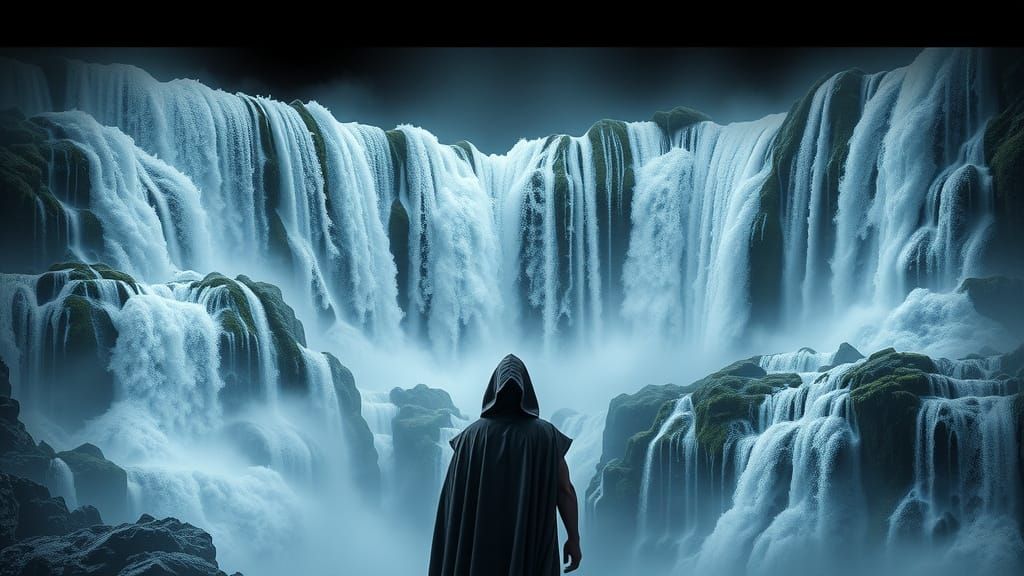 Mysterious Figure Transforms into Majestic Waterfall Landsca...