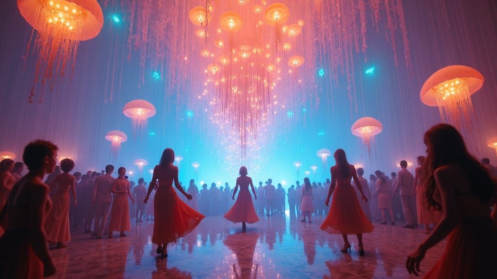 Surreal Ballroom with Dancing Mythical Creatures