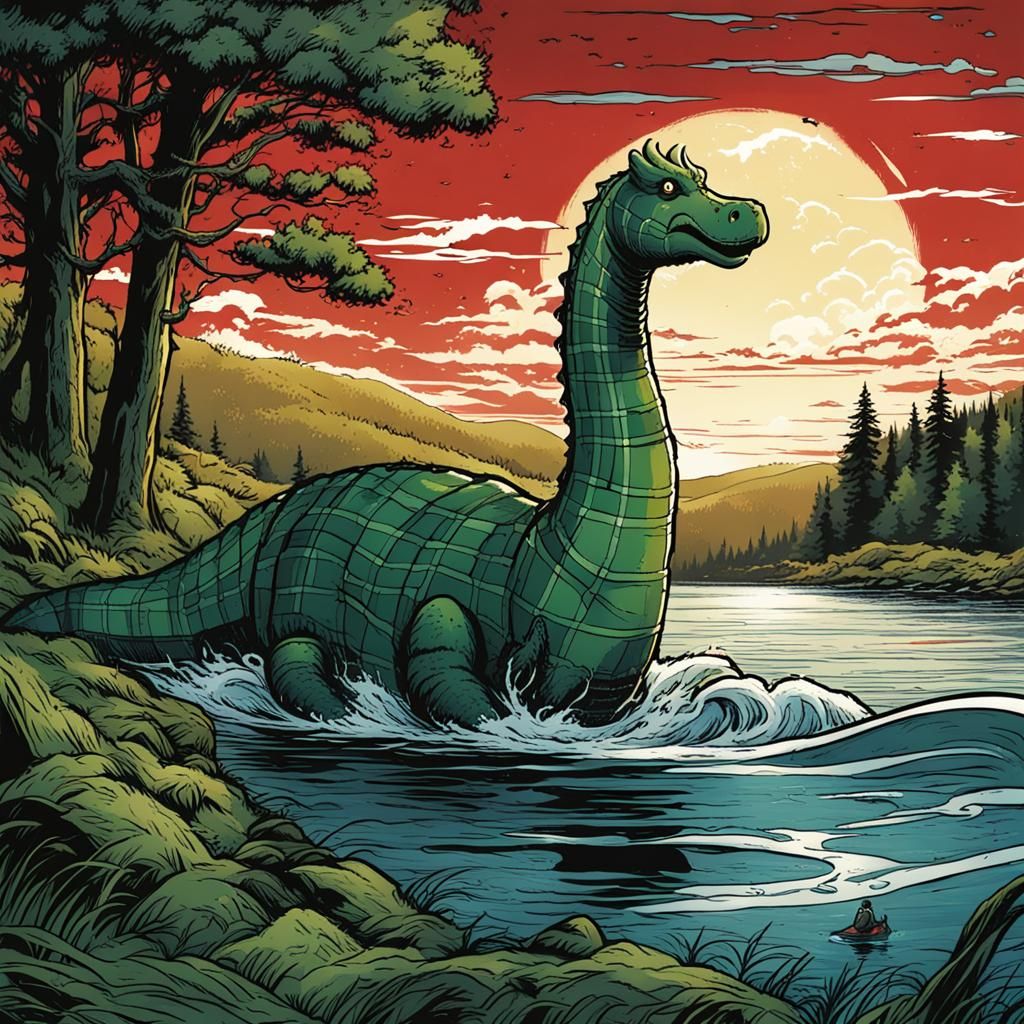 Tartan Nessie of Loch Ness in Comic Art Style