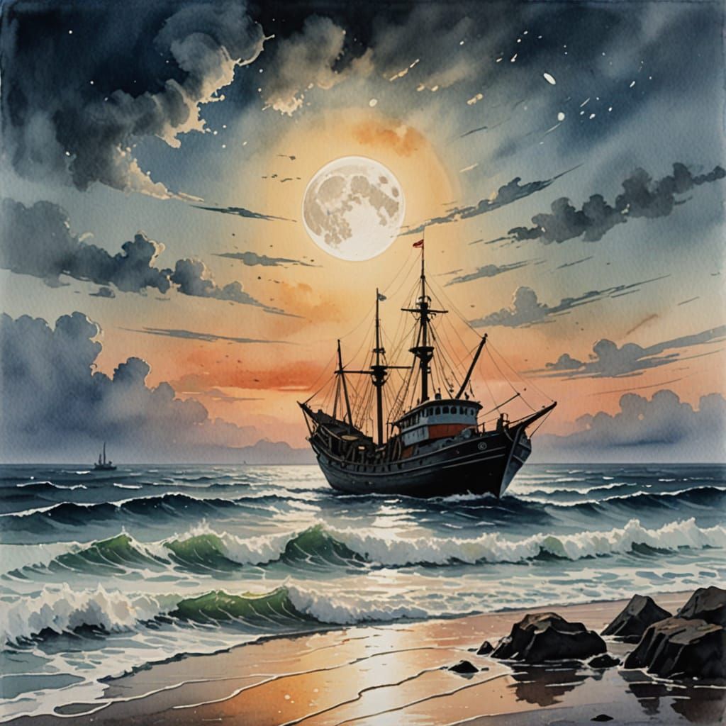 Moonlit Fish Trawler Amid Tropical Islands