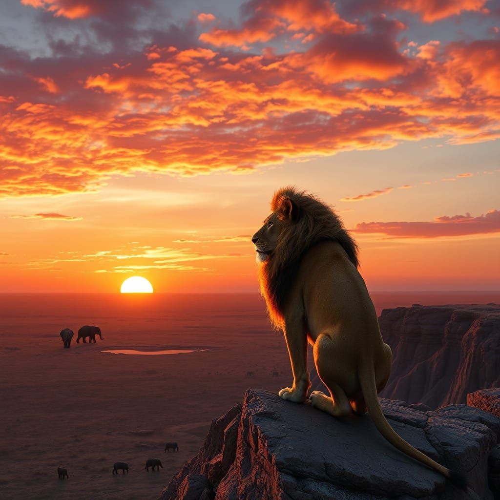 Majestic Lion on Cliff at Sunset in Realistic Landscape Art