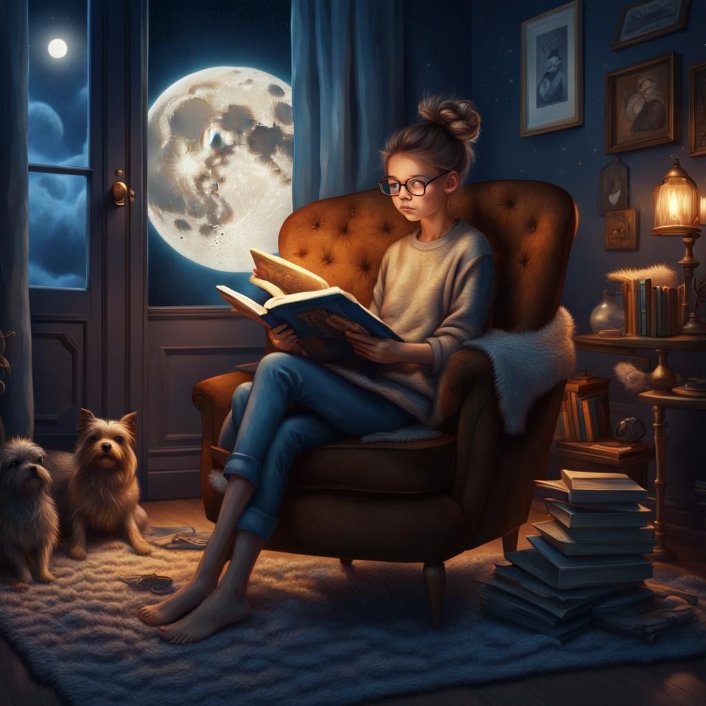 Girl Reading Book in Cozy Room, Digital Matte Painting
