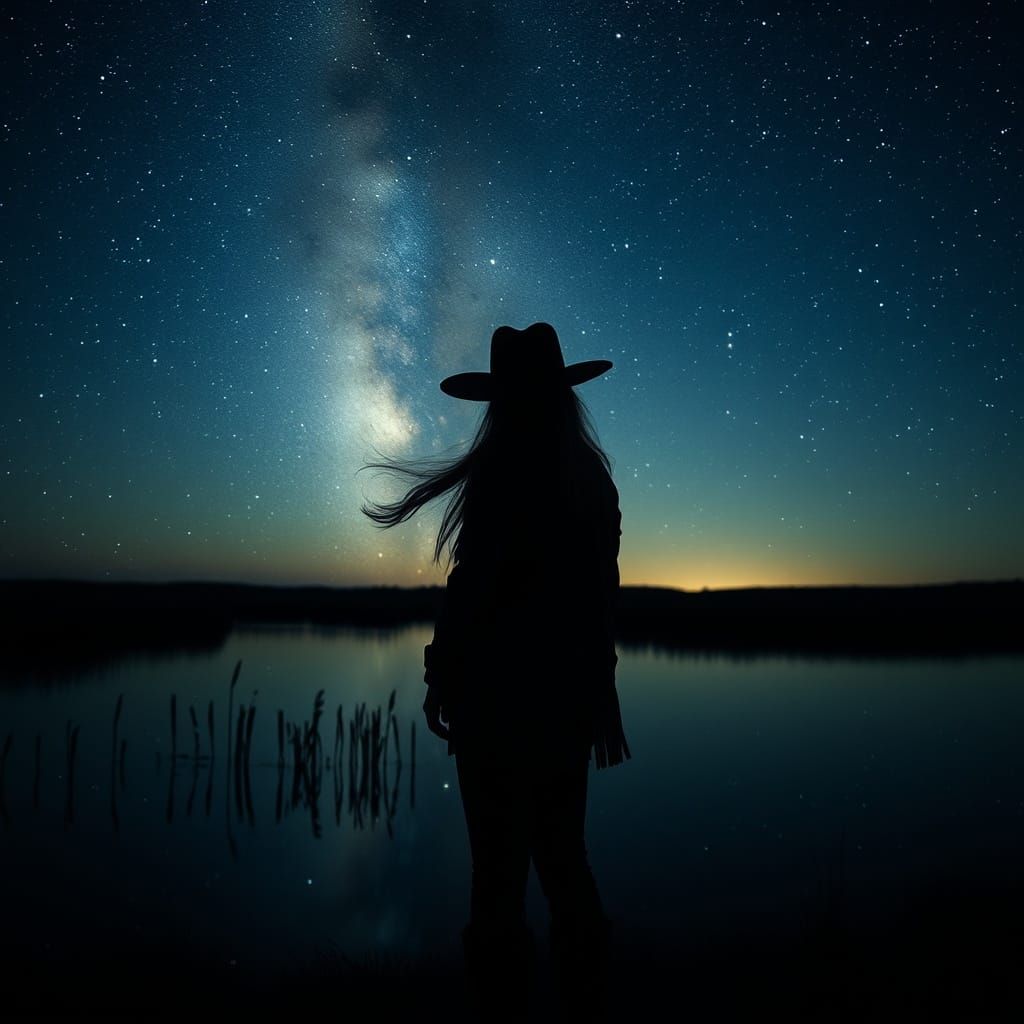 Lone Cowgirl Silhouette Under Milky Way Reflection