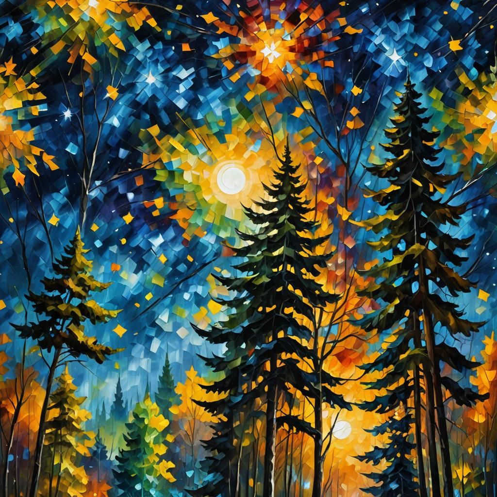 Starry Night Sky with Towering Trees, Oil Painting