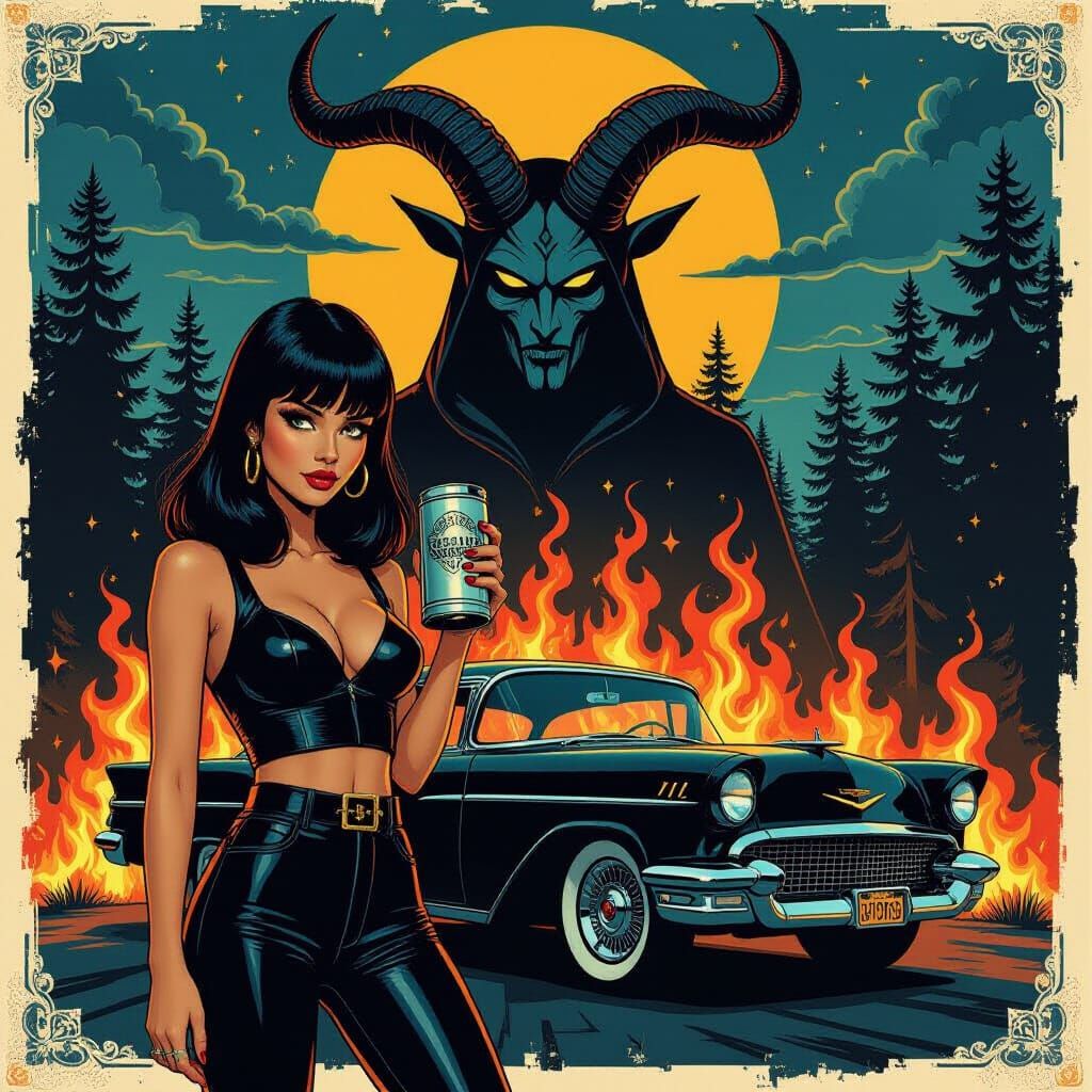 Woman with Canister and Baphomet in Burning Forest