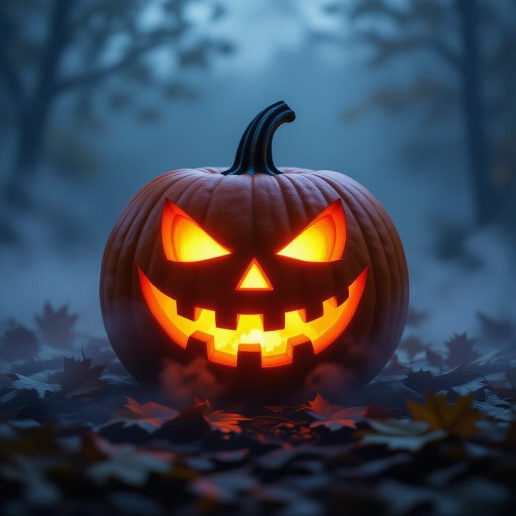 Intricately Carved Spooky Pumpkin with Glowing Eyes in Fog